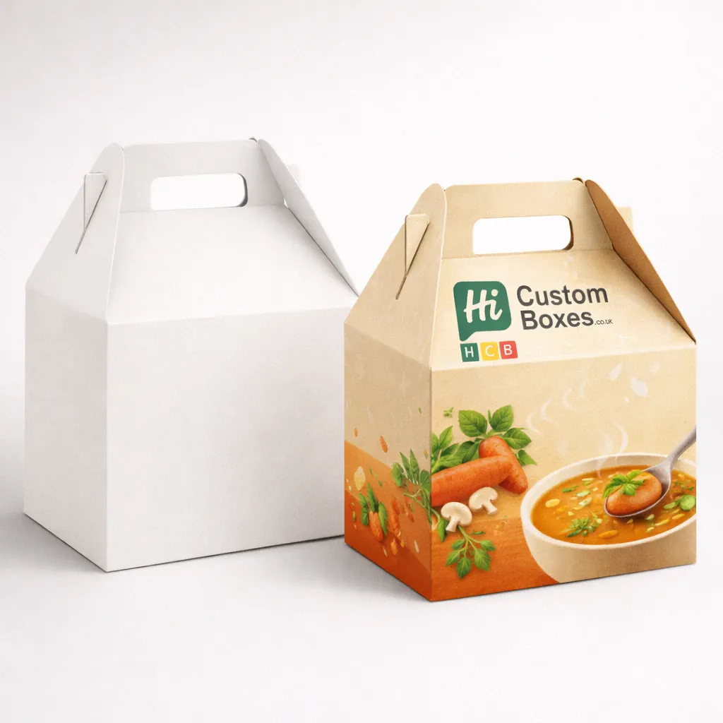 A pair of gable-top boxes with carry handles, showing a plain white and custom-printed version. class=